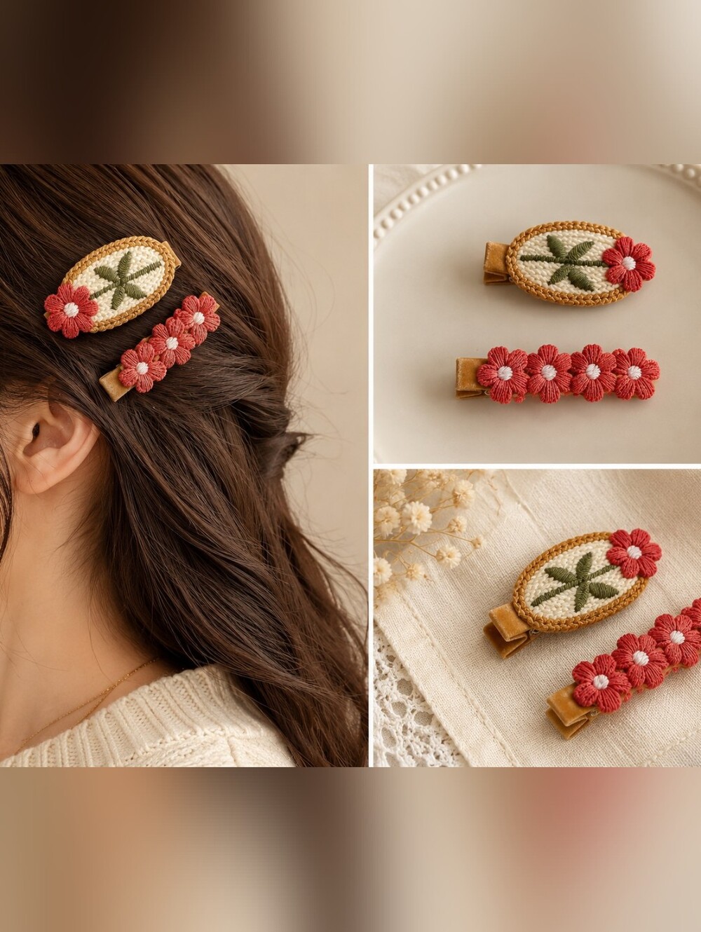 Handcrafted Embroidered Flower Hair Clip Set - Women  Cottagecore Barrettes New